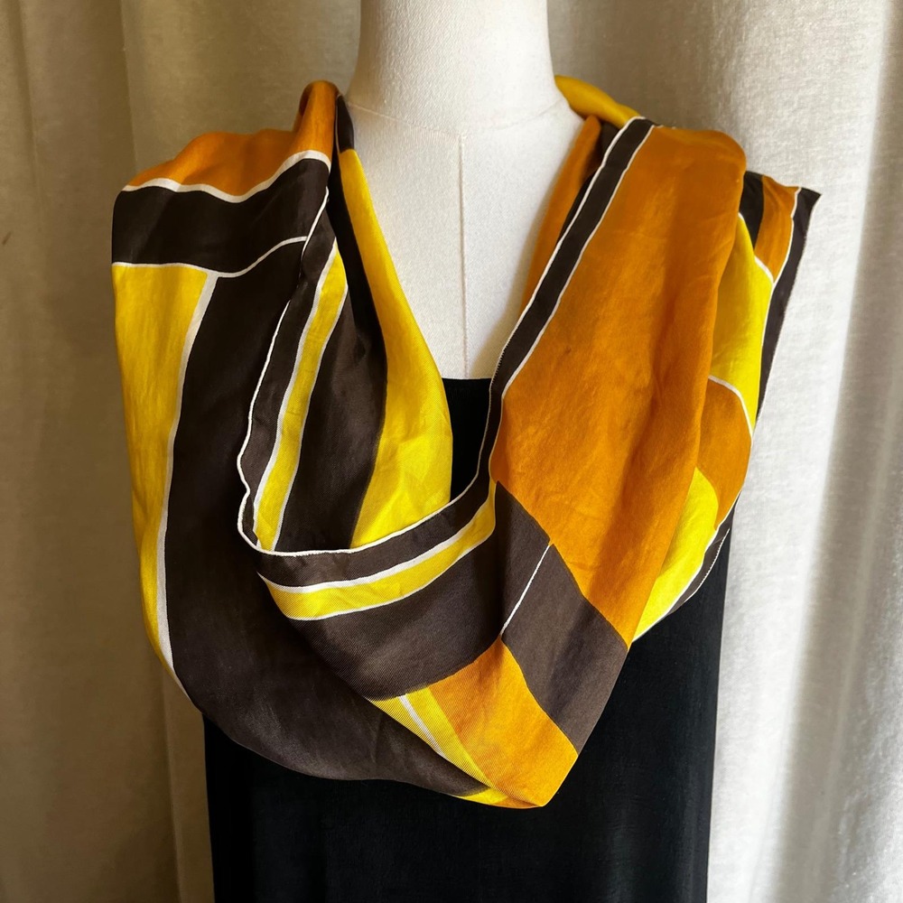 Vintage French Silk Geometric Scarf Yellow Brown Mod Rectangle Wrap